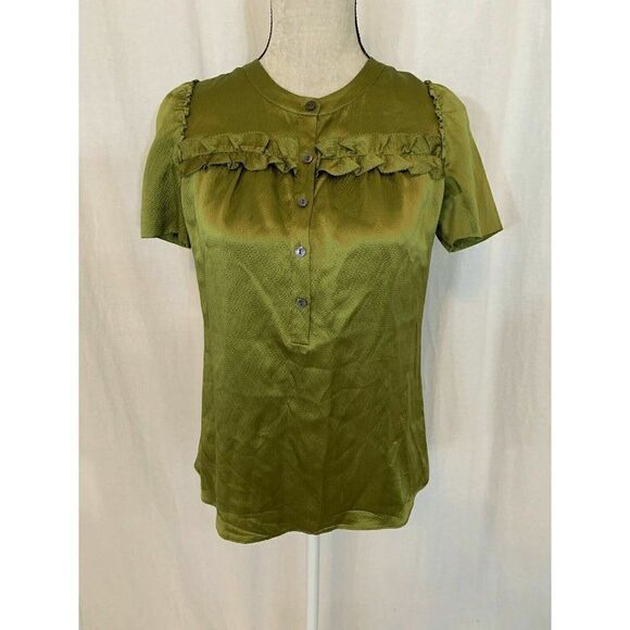 J Crew Solid Olive Green 100% Silk Short Sleeve Top Blouse 0 Xs Xxs - Picture 2 of 7